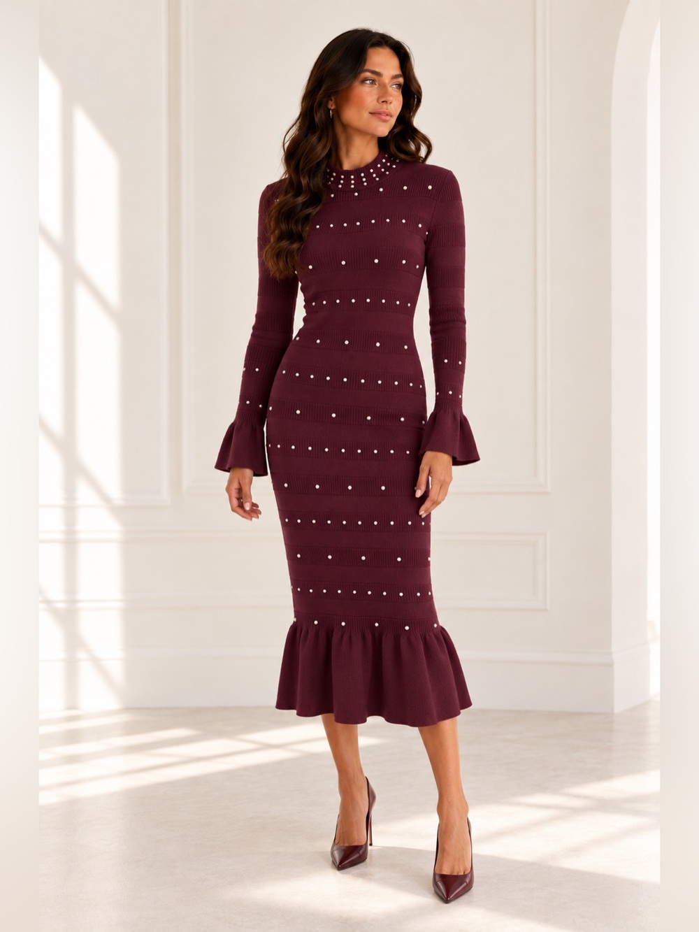 Burgundy Studded Ruffle-Hem Midi Knit Dress